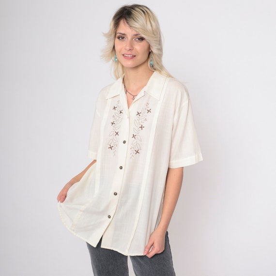 Floral Embroidered Top 80s Semi-Sheer Beaded Blouse Cream Button up Summer Shirt Short Sleeve Collared Preppy Flower Vintage 1980s Medium M
