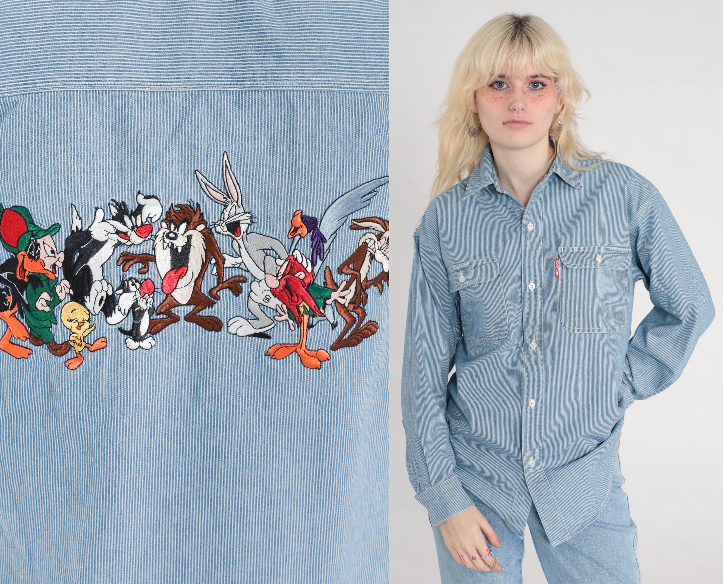 90s Looney Tunes Shirt Hickory Striped Denim Shirt Bugs 90s Looney Tunes Shirt Hickory Striped Denim Shirt Bugs