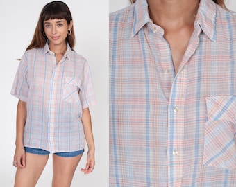 Multicolored Plaid Shirt 80s Thin Button Up Shirt Pink White Blue Checkered Print Short Sleeve Top 1980s Vintage Casual Preppy Men's Medium