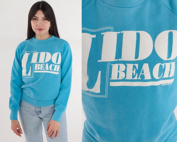 Lido Beach Sweatshirt 80s Sarasota Florida Blue Raglan Sweatshirt Graphic Shirt Retro Tourist Pullover Sweater Vintage 1980s Small xs
