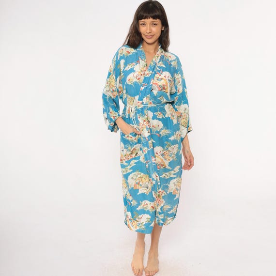 Japanese Fan Robe Kimono Style Blue Floral 80s Maxi Cotton Open Front Cloud Coverup Cottagecore Loungewear Housecoat Wrap Nature Large L