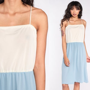 1970s Spaghetti Strap Dress Cream Blue Sundress Bohemian Disco Color Block Midi 70s Boho Party Simple Vintage High Waisted Medium