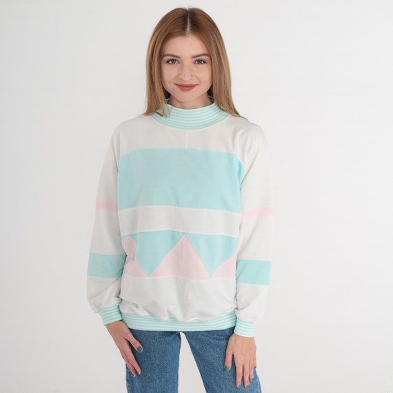 90s Color Block Sweatshirt Pastel Striped Mockneck Pullover Sweatshirt 80s White Pink Blue Triangle Print Ringer Sweater Vintage Medium M