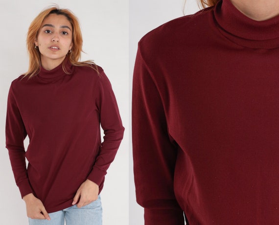 Burgundy Turtleneck Shirt 80s Top Long Sleeve Shirt 1980s Funnel Retro Funnel Turtle Neck Top Vintage Simple Plain Medium