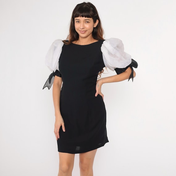 Vintage 80s Party Dress Black White Organza Puff Sleeve Dress Bow Mini Shift Dress 1980s LBD Formal Evening Cocktail Dress Small 6