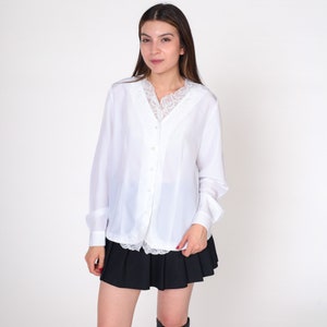 Beaded Lace Blouse 90s White Rhinestone Button Up Shirt Pearl Beading Long Sleeve Victorian Top Retro Secretary Vintage 1990s Medium