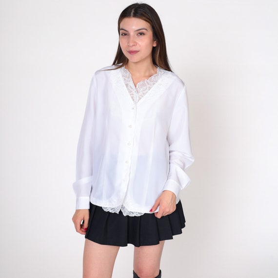 Beaded Lace Blouse 90s White Rhinestone Button Up Shirt Pearl Beading Long Sleeve Victorian Top Retro Secretary Vintage 1990s Medium