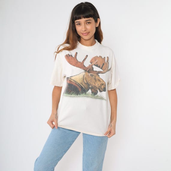 Vintage 90s Moose T-Shirt Retro Animal Wildlife Graphic Tee Screen Print TShirt Short Sleeve Single Stitch Cotton Top 1990s Large L