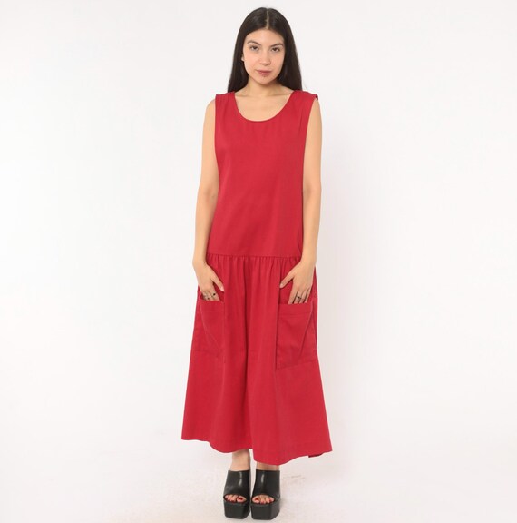 90s Red Drop Waist Maxi Dress Sleeveless Scoop Neck Gathered Skirt Patch Pocket Button Side Cotton Blend Crimson  Prairie Vintage Large L