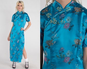 Blue Cheongsam Dress 90s Floral Maxi Dress Mandarin Collar Frog Button High Side Slit Asian Sheath Dress Short Sleeve Vintage 1990s Medium