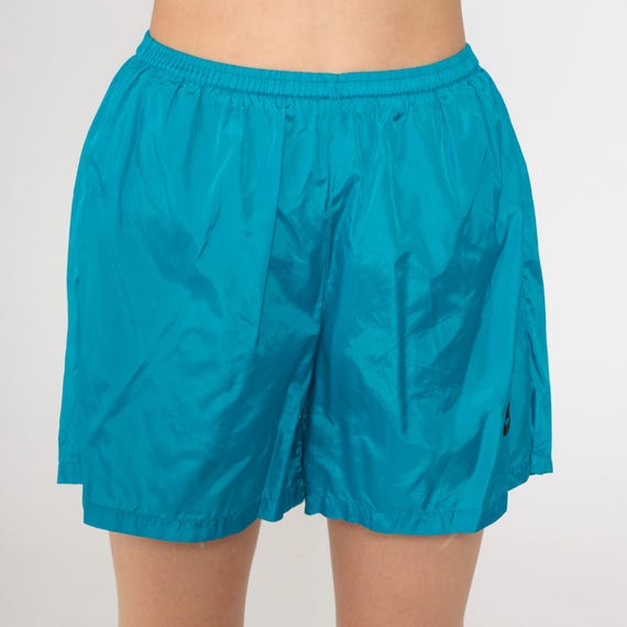 Y2K Nike Shorts Nylon Athletic Shorts Teal Blue Gym Streetwear 00s Retro Lined Jogging Windbreaker Vintage Elastic Waist Joggers Medium