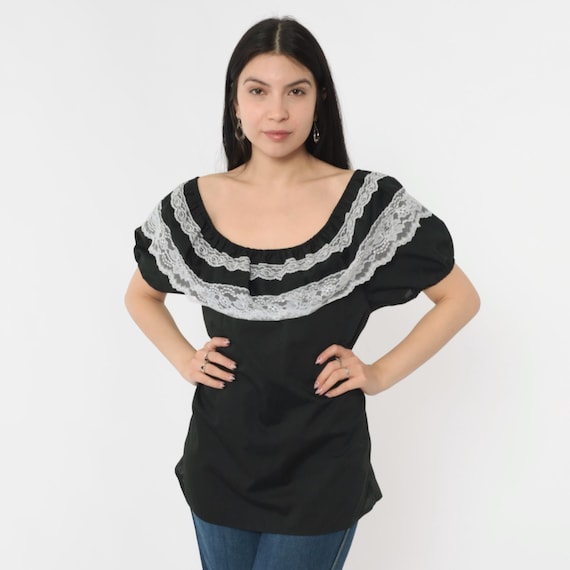 Vintage Black Peasant Blouse 90s Off Shoulder Top Lace Square Dance Country Shirt White Boho Hippie 1990s Medium