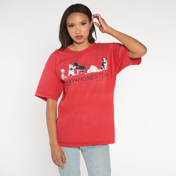 Husky Homestead Shirt 90s Denali National Park Alaska T-Shirt Dog Sled Race Graphic Tee Dogsled AK Tourist Tshirt Red Vintage 1990s Large L