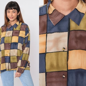 Checkered Blouse 90s Button Up Shirt Retro Square Checkerboard Print Long Sleeve Collared Top Blue Yellow Green Vintage 1990s Extra Large xl