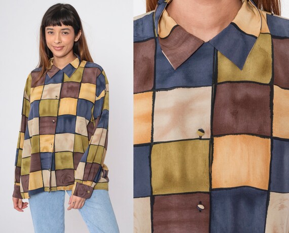 Checkered Blouse 90s Button Up Shirt Retro Square Checkerboard Print Long Sleeve Collared Top Blue Yellow Green Vintage 1990s Extra Large xl