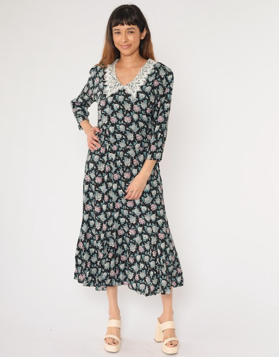Vintage Floral Dress 80s 90s Lace Collar Dress Midi Puff Sleeve Granny Dress Black Blue Wildflower High Waisted Boho 1990s Large 12