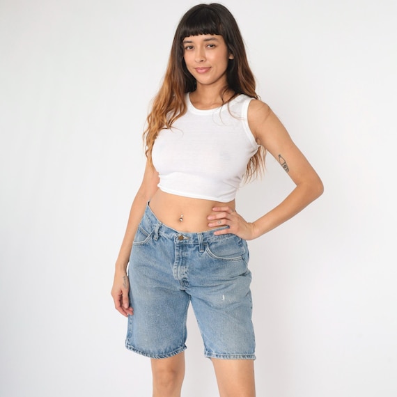 Vintage 90s Wrangler Denim Shorts Distressed Relaxed High Waisted Blue Jean Retro Boyfriend High Rise Bermuda Baggy 1990s Men's 32 Reg