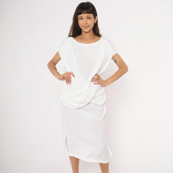 80s Draped White Grecian Dress Cowl Front Low Back Column Short Sleeve Cream Minimalist Summer Beach Slip Gown Relaxed Fit Vintage Large L