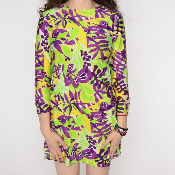 60s Mini Dress Mod Green Purple Psychedelic Dress… - image 8