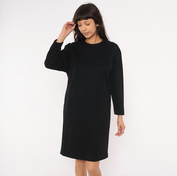 90s Black Knit Dress Crew Neck Long Sleeve Shift Back Zip Minimalist Straight Cut Office Workwear Jet Simple Vintage Sheath Womens Large L