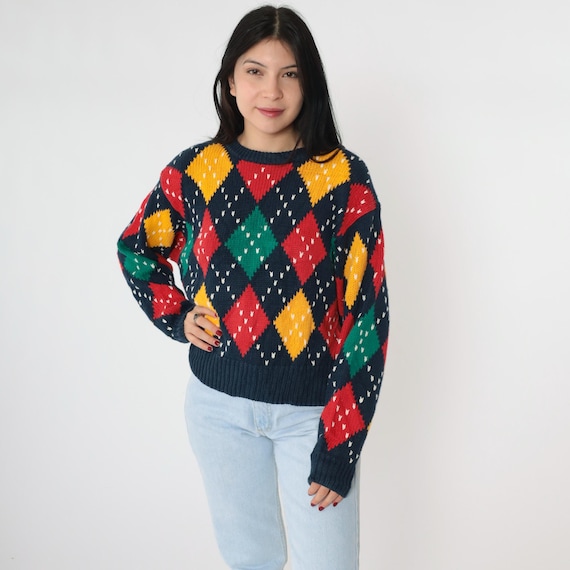 90s Argyle Sweater Navy Blue Checkered Pullover Sweater Harlequin Preppy Crewneck Slouchy 1990s Cotton Ramie Knit Vintage Lizsport Medium