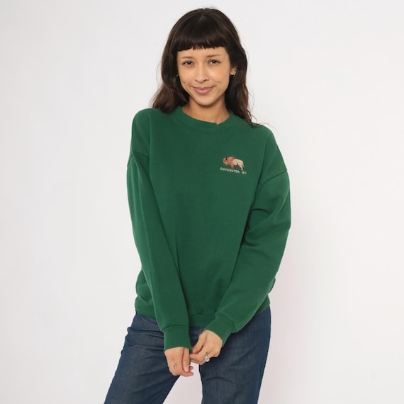 90s Bison Embroidered Sweatshirt Forest Green Lee Pullover Wyoming Buffalo Western Hunter Emerald Unisex Collegiate Nature Vintage Large L