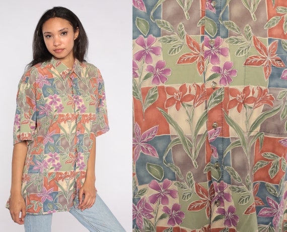 90s Floral Shirt Button Up Pierre Cardin Shirt 80s Short Sleeve Top Green Purple 1990s Vintage Collared Shirt Extra Large XL Tall
