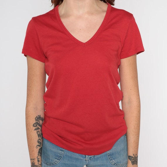 Red V Neck Shirt 80s Plain T-Shirt Retro Basic Single… - Gem