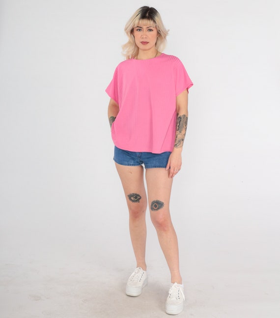 90s Pink Shirt -- Ribbed Polyester Tshirt Plain T… - image 3