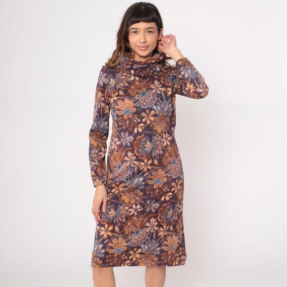 70s Floral Turtleneck Dress Brown Blue Paisley A Line Cottagecore Prairie Vintage Hippie Psychedelic Disco Autumn Fall Layering Small S