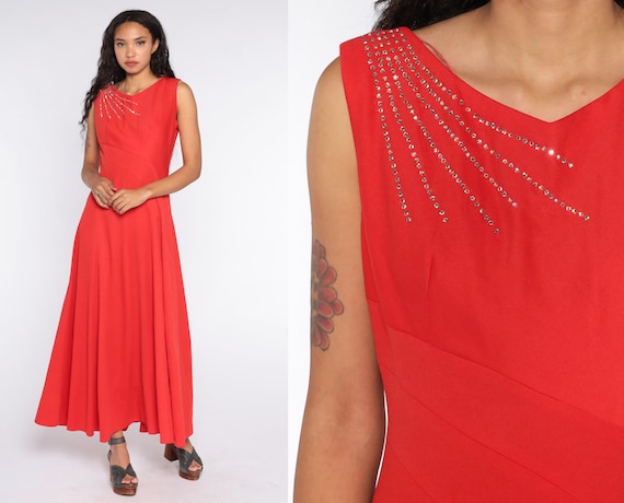 70s Party Dress Red Rhinestone Dress 1970s Maxi P… - image 1