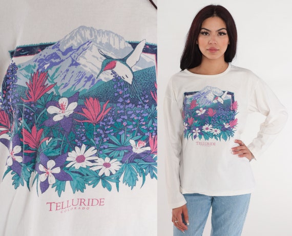 Telluride T-Shirt 90s Floral Shirt Hummingbird Columbine Flower Graphic Tee Colorado Long Sleeve TShirt Single Stitch Vintage 1990s Large L