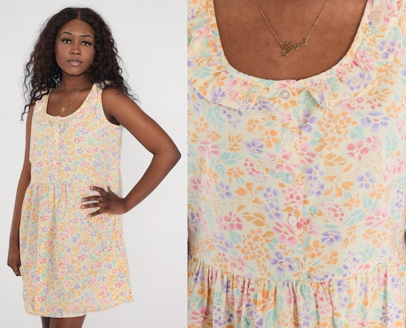 Pastel Floral Dress 90s Mini Button Up Dress Vintage Dress High Waist Ruffle Dress Sleeveless Flower Print Jumper Pinafore Retro Large L