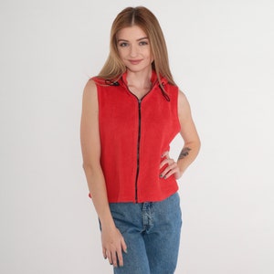Red Fleece Vest 90s Hooded Zip Up Vest Sleeveless Hoodie Retro Basic Hiking Camping Warm Cozy Layering Hood Vintage Forever 21 1990s Small S