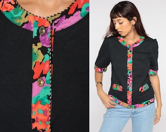 Black Floral Shirt Puff Sleeve Blouse Button Up Shirt 80s Boho Top Vintage Short Sleeve Bohemian Retro Medium 8