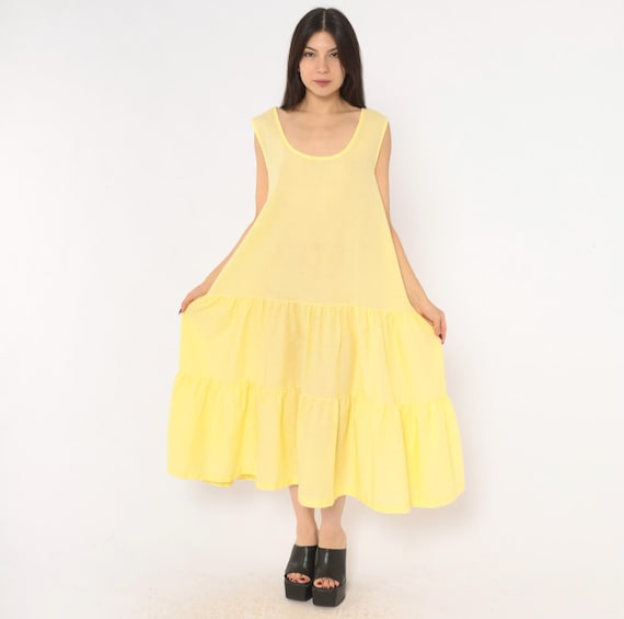 Butter Yellow Tiered Sundress 90s Sleeveless Scoop Neck Cotton Midi Length Prairie Gathered Ruffle Vintage Plus Size Extra Extra Large XXL