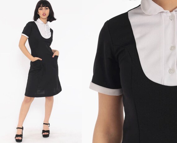 Vintage Maid Dress 70s Mini Gothic Black White Wed
