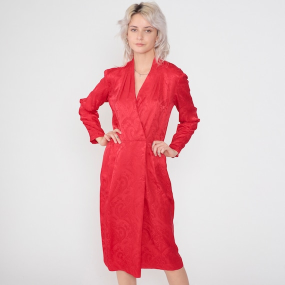 Red Silk Dress 90s Embossed Midi Dress Paisley Print Party Dress Long Sleeve V Neck Faux Wrap Cocktail Vintage 1990s Liz Claiborne Small S