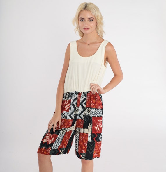 80s Romper Sleeveless Playsuit One Piece Jumpsuit Shorts Abstract Geometric Print Retro Festival Onesie Summer Boho Vintage 1980s Medium M