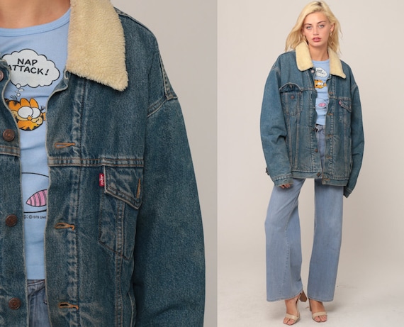 Sherpa Denim Jacket LEVIS Shearling Jacket Denim Trucker 80s Jean Jacket Levi Fleece Blue Oversized Coat Vegan Medium Extra Large xl