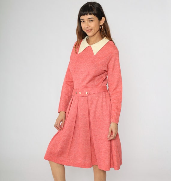 70s Mod Dress Pink Pleated Midi 60s High Waist Dress Vintage Long sleeve 1970s Twiggy Contrast Collar Dress Belted Large L
