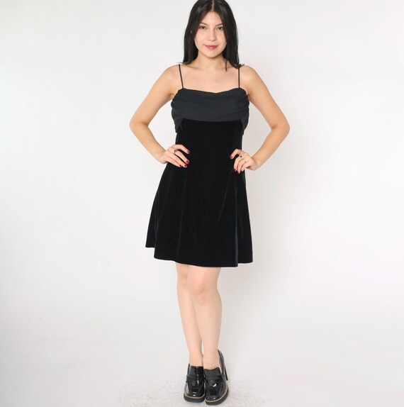 Vintage Black Velvet Chiffon Dress 90s Mini Cocktail Party Goth Spaghetti Strap 1990s LBD Sexy Sleeveless Fit and Flare Formal Medium 8