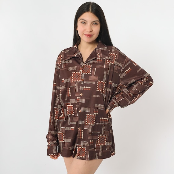 70s Geometric Shirt Dark Brown Disco Top Dagger Collar Bohemian Shirt 1970s Hippie Polka Dot Long Sleeve Button Up Boho Men's Extra Large xl