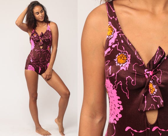 Hippie Swimsuit 70s One Piece Floral Bathing Suit KEYHOLE Cut Out Hippie Boho Swim Vintage Psychedelic Onepiece Pin Up Hot Pink Small Medium