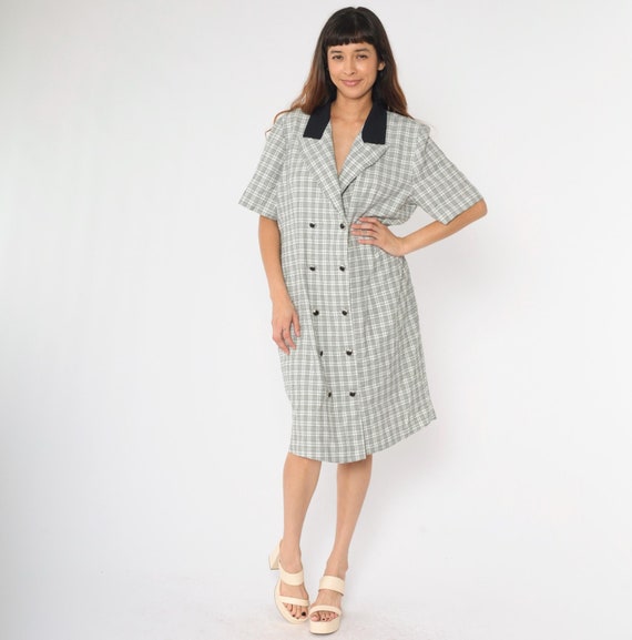 Vintage Checkered Midi Dress XL 90s Double Breasted Button Up Black White Shift Casual Secretary Day V Neck Short Sleeve 1990s Extra Large