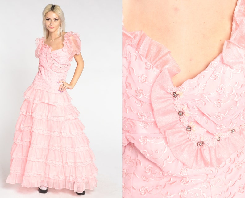 Pink Ruffled Gown 80s Prom Dress Ruffle Sheer Puff Sleeve Maxi Etsy
