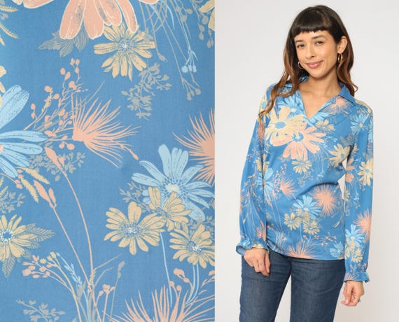 70s Floral Shirt Blue Boho Shirt Disco Shirt V Neck Collared Flower Print Bohemian Blouse 1970s Hippie Vintage Long Sleeve Medium