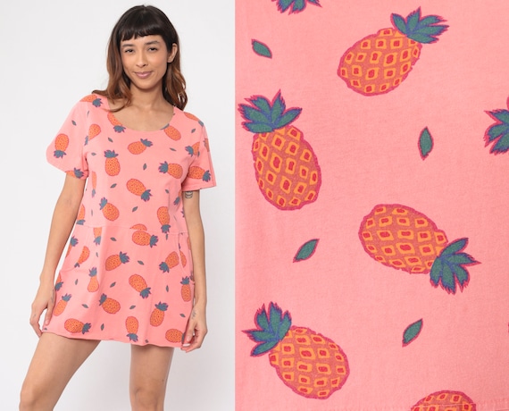 Pink Pineapple Dress Vintage 90s Tropical Beach T Shirt Dress Drop Waist Pocket Fruit All Over Print Graphic Dress 1990s Small S