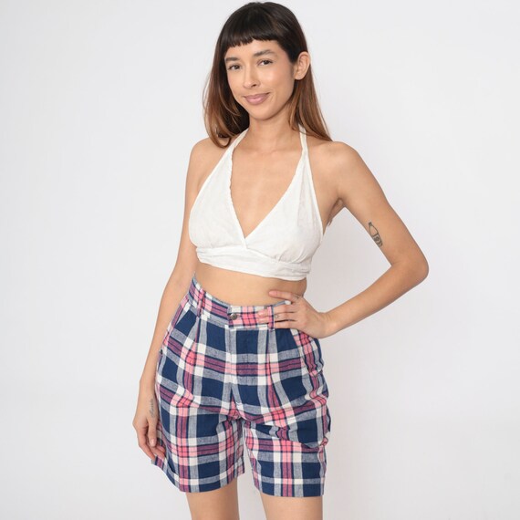 90s Plaid Shorts Dark Blue Pink Pleated Trouser Shorts Mom High Waisted Retro Checkered Preppy Ramie Cotton Vintage 1990s Small 27