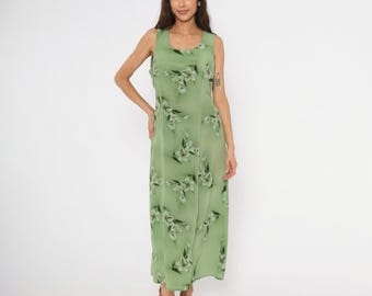 Vestido largo de los 90, estilo grunge suave, estampado floral, sin mangas, verde oliva, estampado de flores, estilo cottagecore, pradera, con lazo en la espalda, aberturas, vintage, talla L